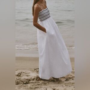 NEW Zara Contrasting Poplin Smocked White Maxi Dress Medium
